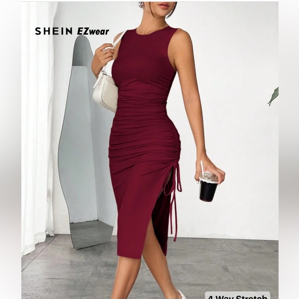 SHEIN Burgundy Ruched Side-Tie Midi Dress